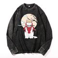 Samurai Cat Vintage Cotton Wash Crewneck Long-Sleeve T-Shirt