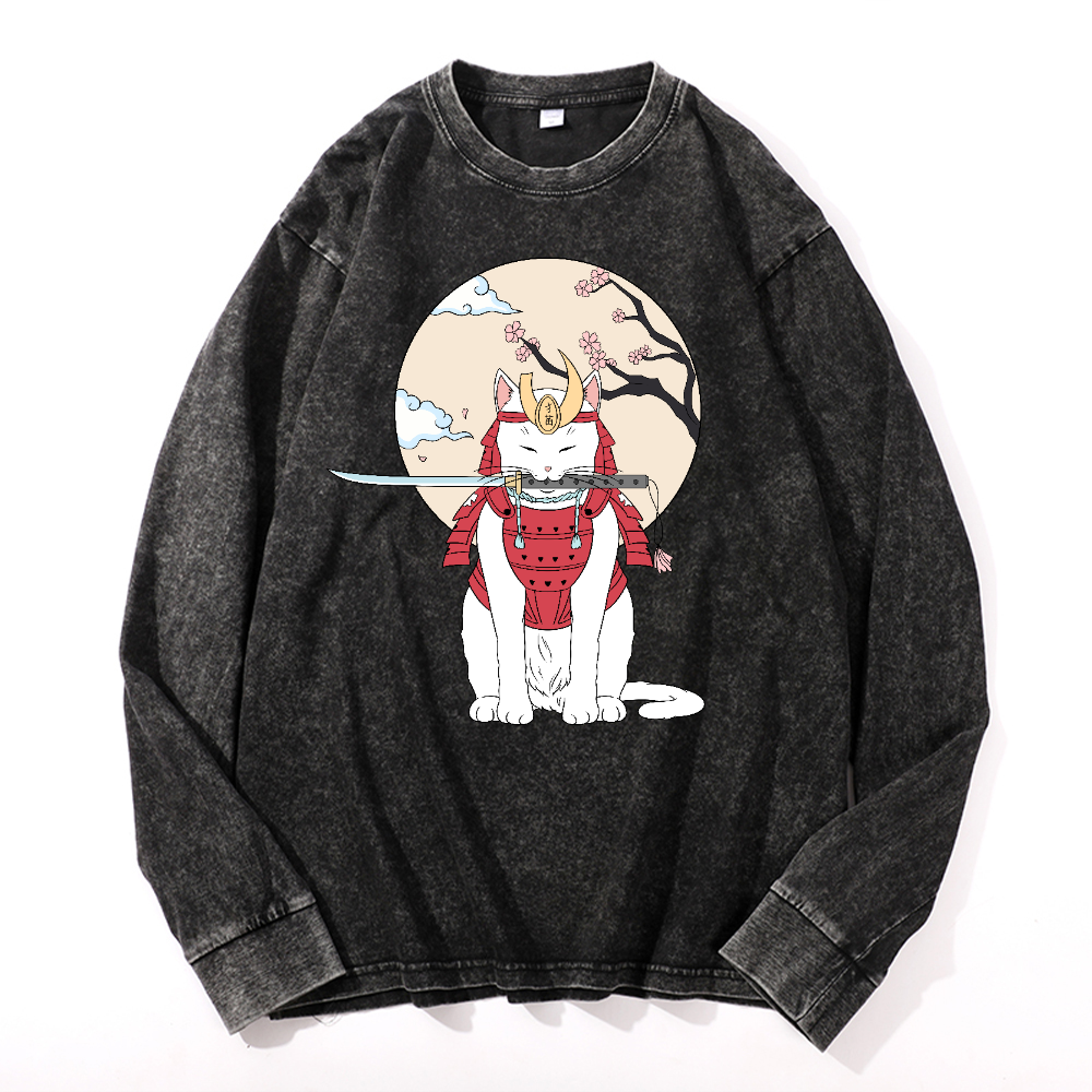 Samurai Cat Vintage Cotton Wash Crewneck Long-Sleeve T-Shirt