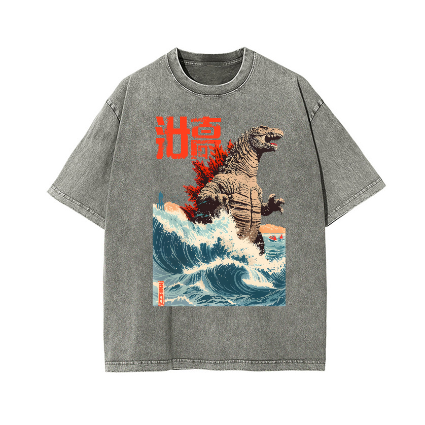 Kaiju Wave Vintage Wash Japanese Design T-Shirt