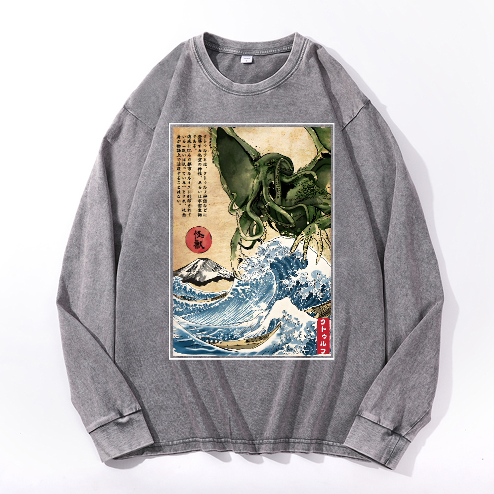 Octopus Ukiyoe Wave Vintage Cotton Wash Crewneck Long-Sleeve T-Shirt