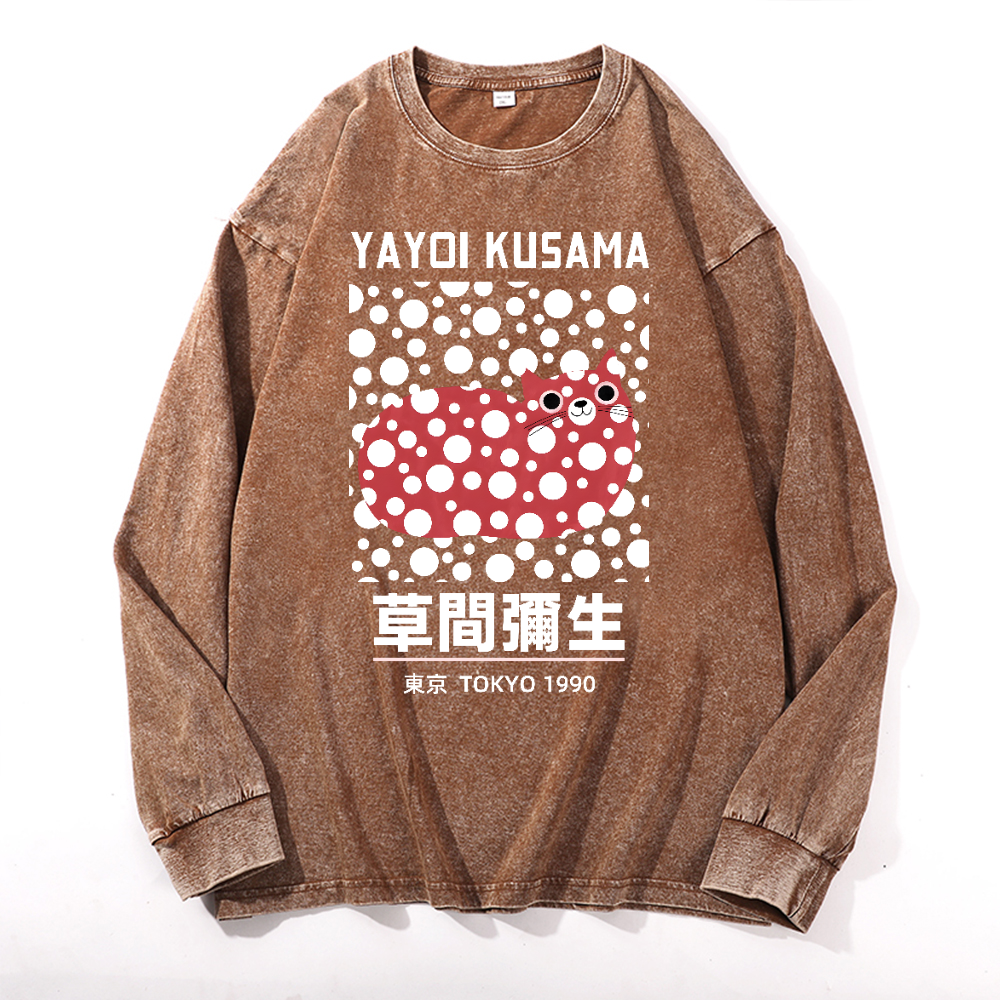 Yayoi Kusama Cat Vintage Cotton Wash Crewneck Long-Sleeve T-Shirt