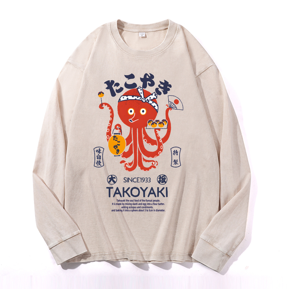 Takoyaki Octopus Vintage Cotton Wash Crewneck Long-Sleeve T-Shirt