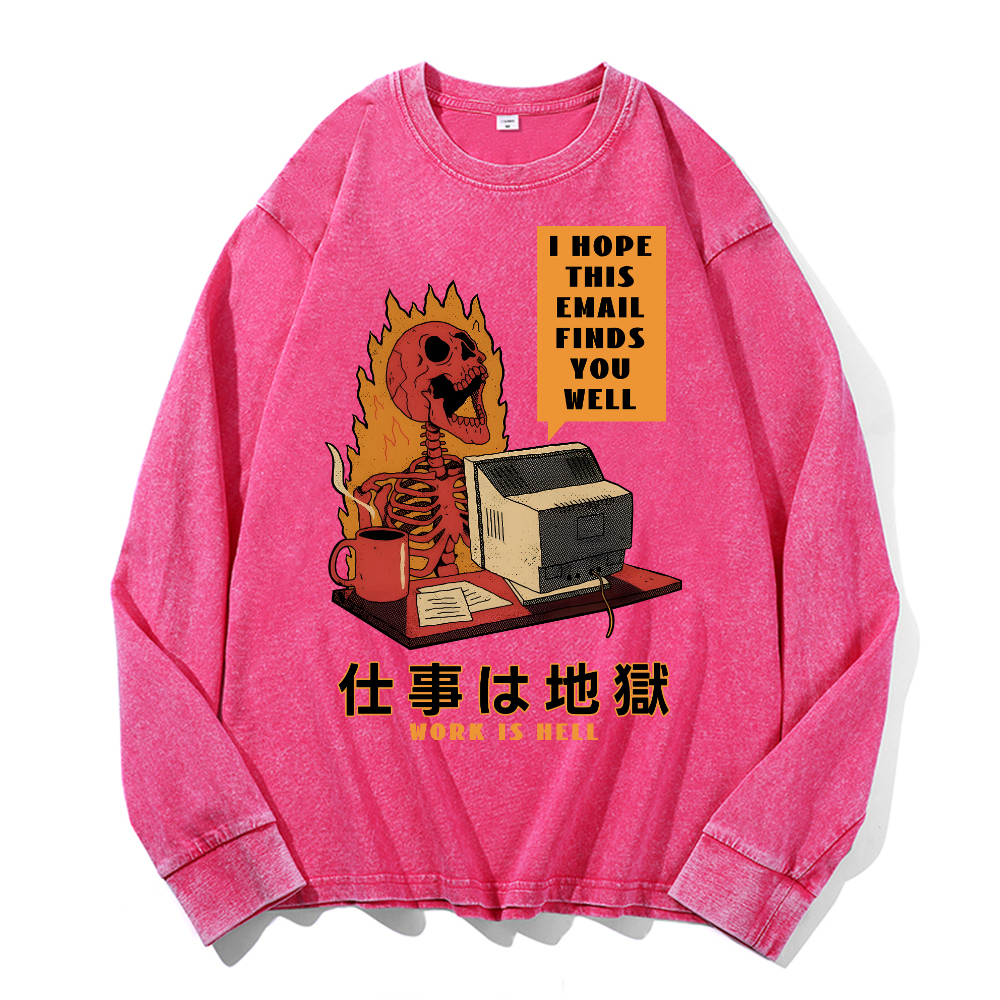 Skull Work Is Hell Vintage Cotton Wash Long-sleeve T-shirt