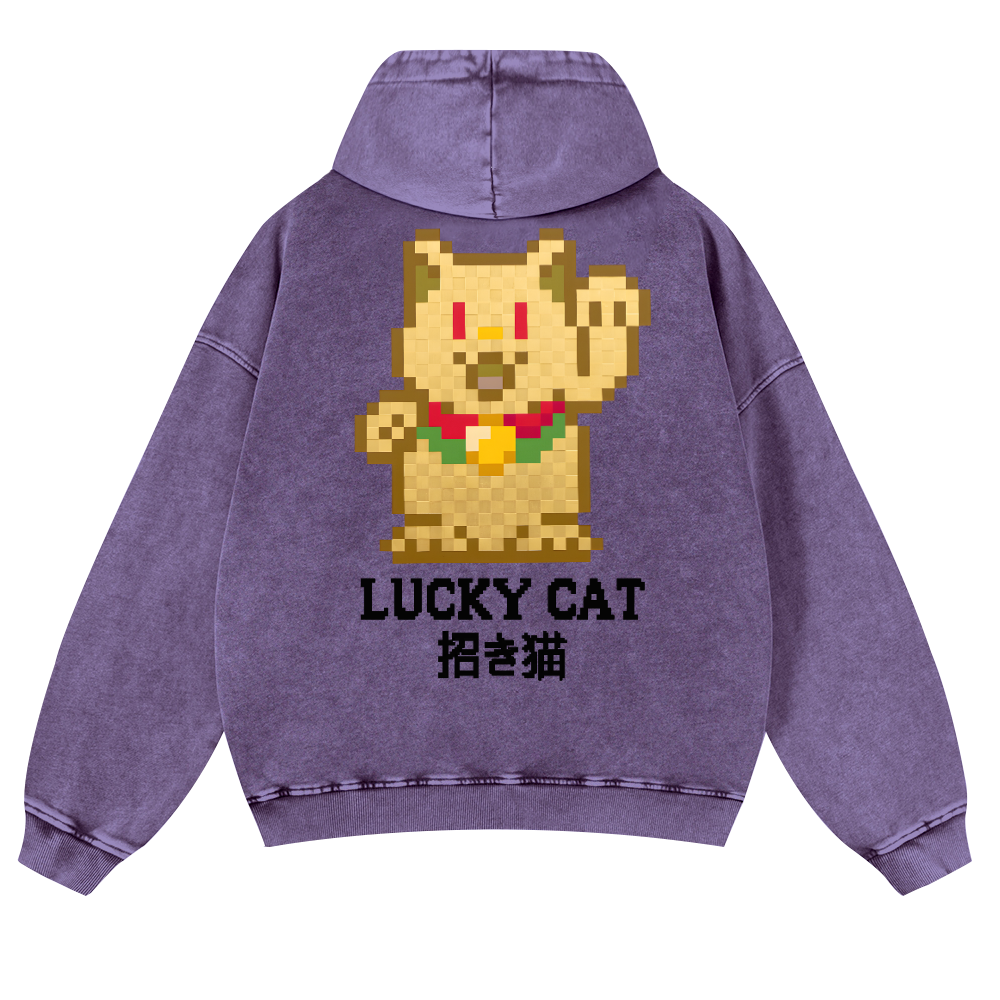 Mosaic Lucky Cat Vintage Washed Cotton Back Art Hoodie