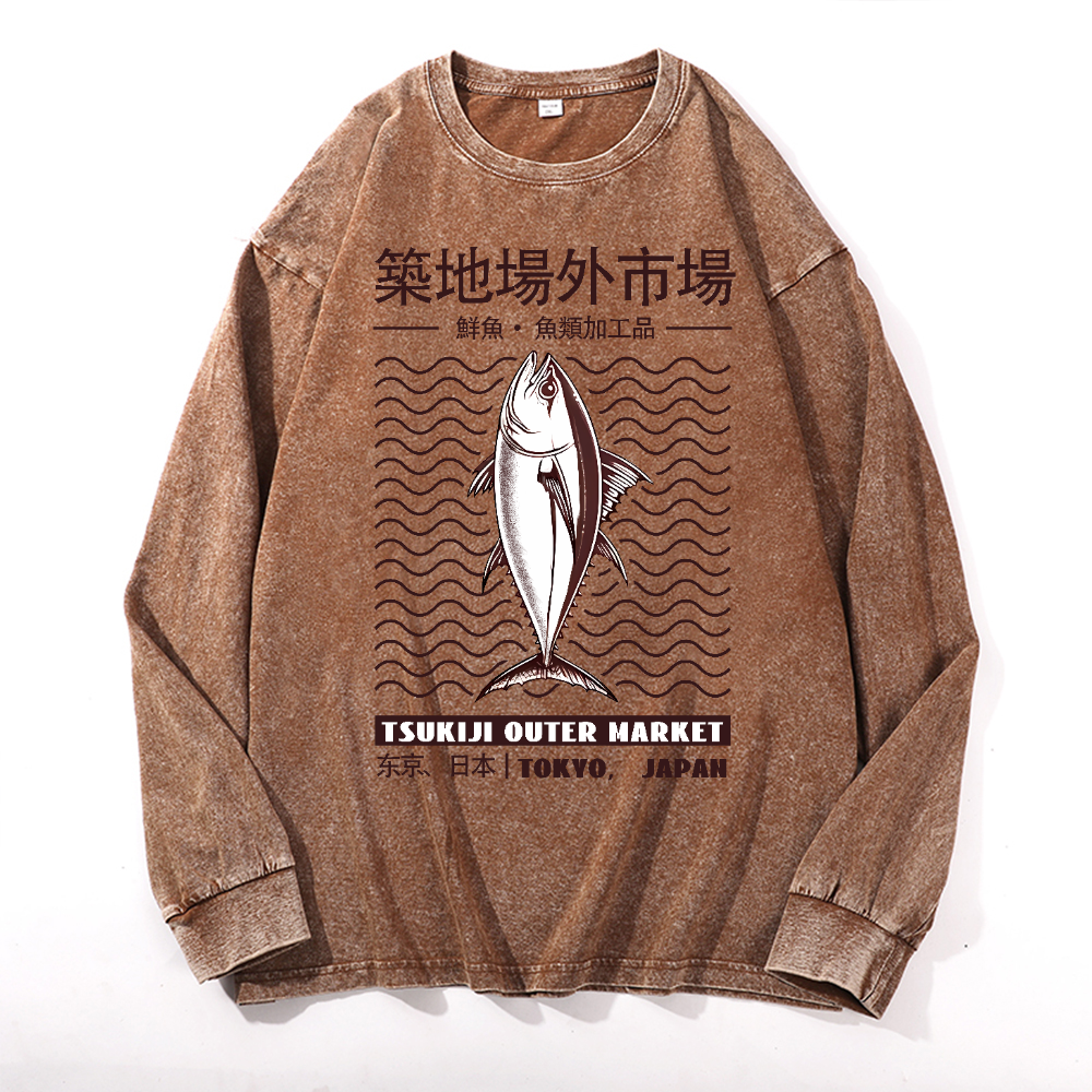 Tsukiji Market Vintage Cotton Wash Crewneck Long-Sleeve T-Shirt