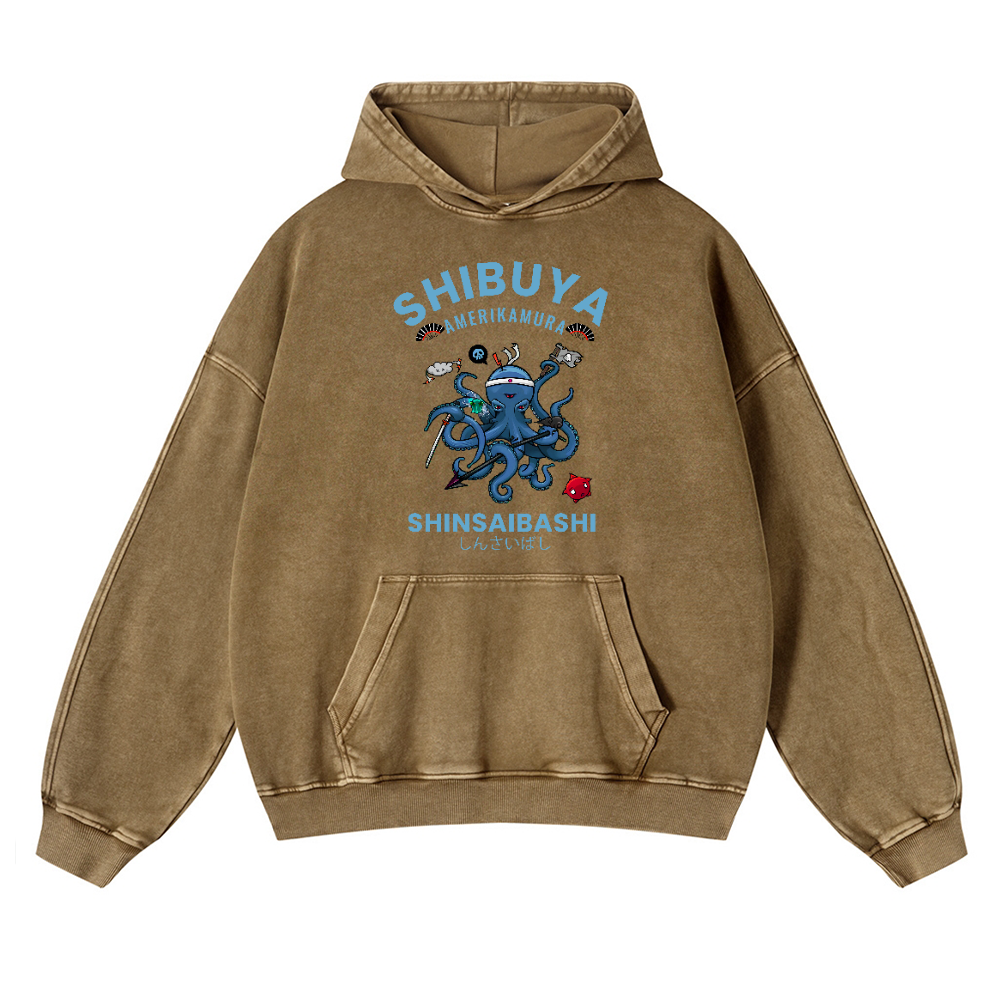 Shibuya Octopus Vintage Washed Thick Cotton Hoodie