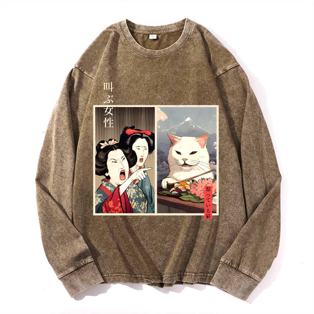 Women Yelling Cat Vintage Cotton Wash Crewneck Long-Sleeve T-Shirt