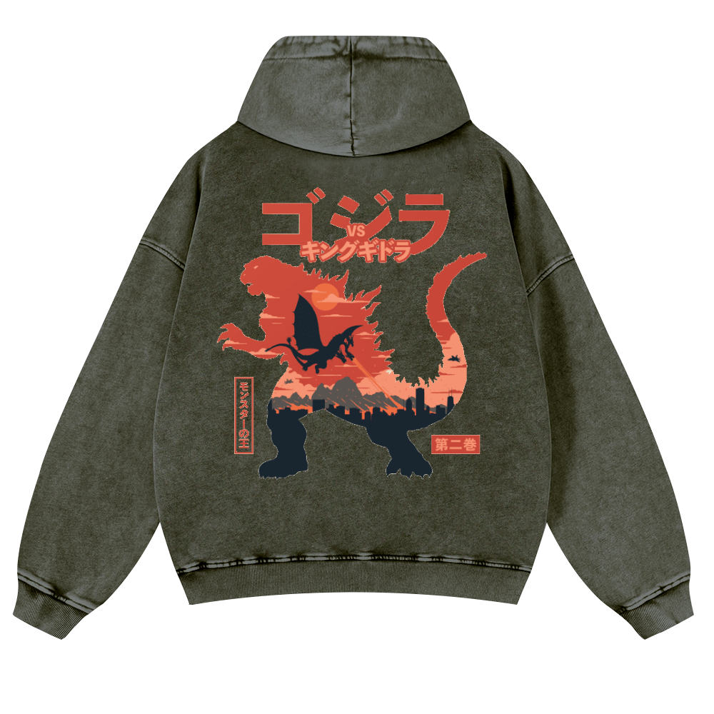 Kaiju vs. King Ghidorah Showdown Vintage Washed Cotton Back Art Hoodie