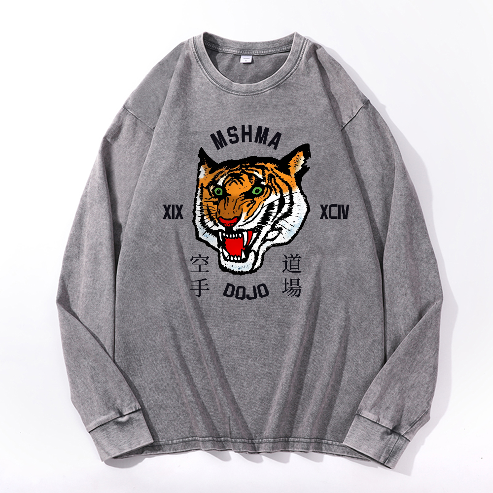 MSHMA Dojo Tiger Vintage Cotton Wash Crewneck Long-Sleeve T-Shirt
