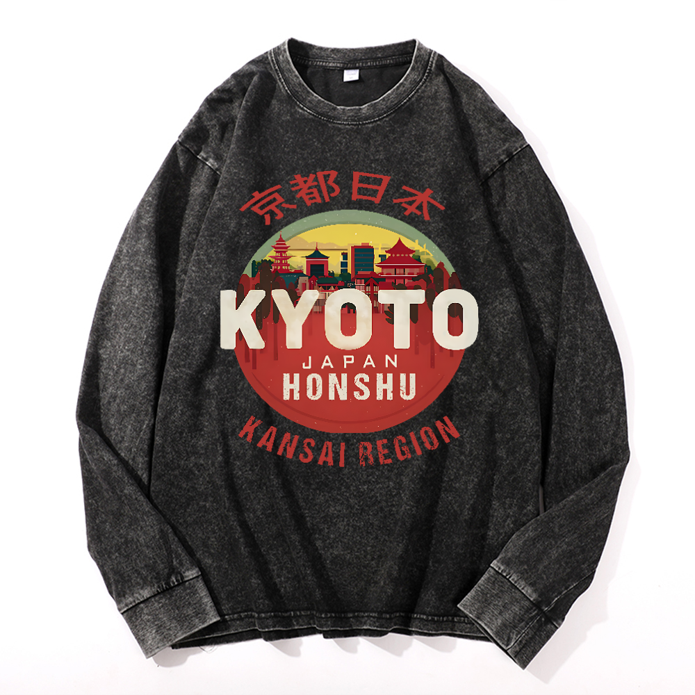Kyoto Japan Honshu Kansai Region Vintage Cotton Wash Crewneck Long-Sleeve T-Shirt