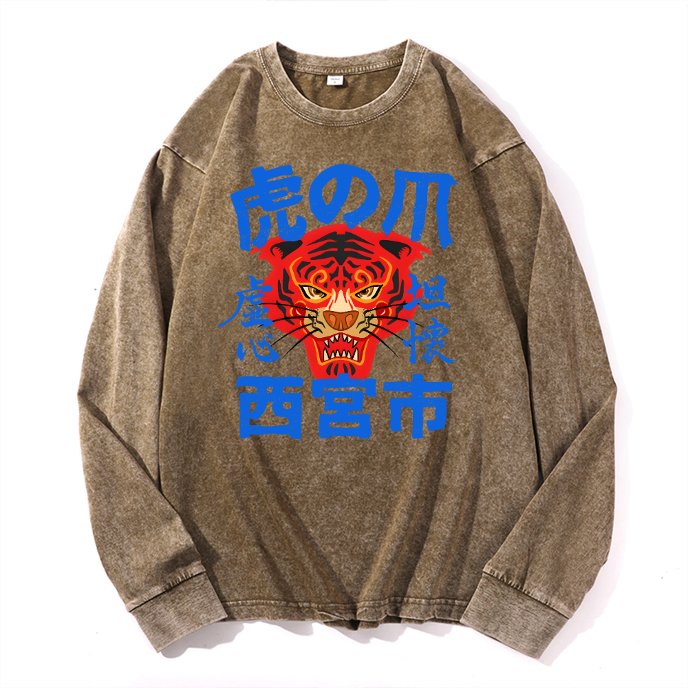 Tiger Vintage Cotton Wash Crewneck Long-Sleeve T-Shirt