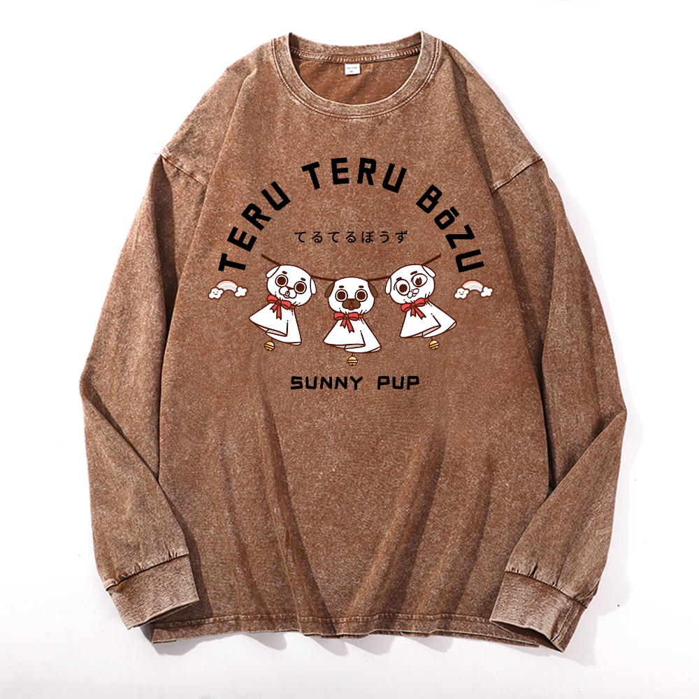 Teru Doll Dog Sunny Pup Vintage Cotton Wash Crewneck Long-Sleeve T-Shirt