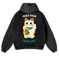 Lucky Cat Vintage Washed Cotton Back Art Hoodie