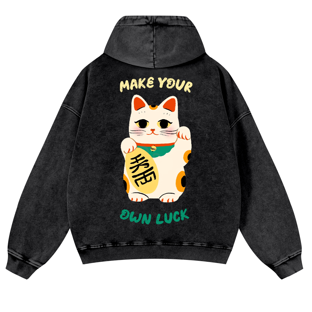 Lucky Cat Vintage Washed Cotton Back Art Hoodie