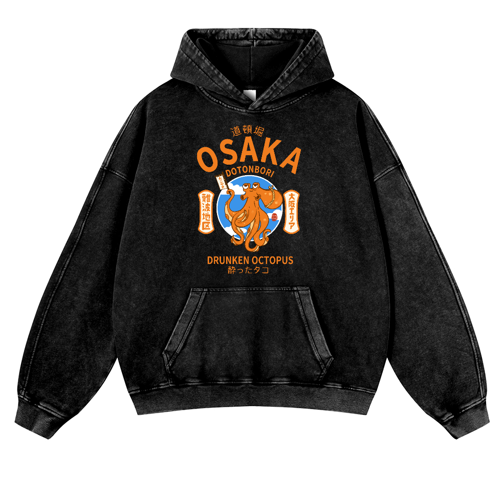 Osaka Dotonbori Drunken Octopus Vintage Washed Thick Cotton Hoodie