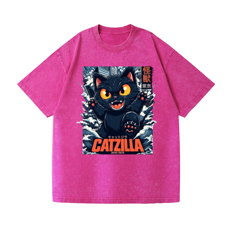 Black Cat Kaiju Catzilla Vintage Wash Japanese Design T-Shirt