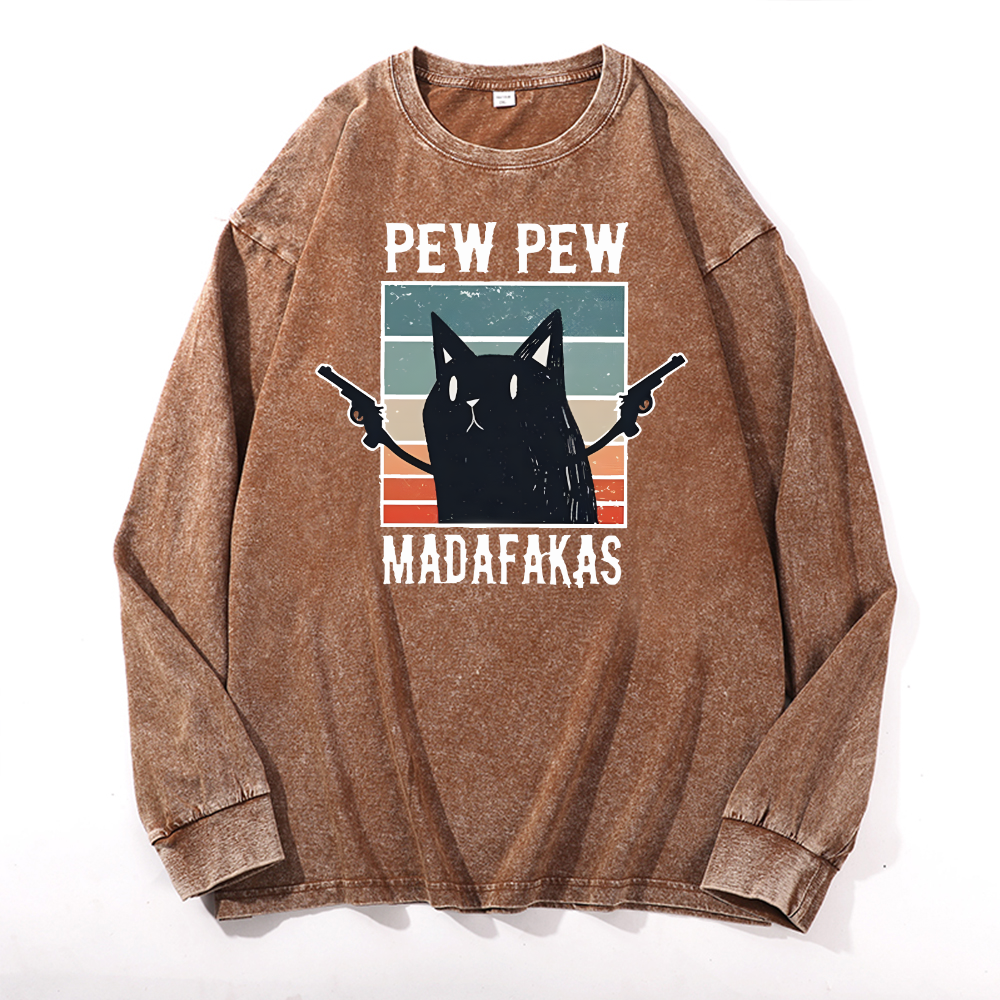 Cat Vintage Cotton Wash Crewneck Long-Sleeve T-Shirt