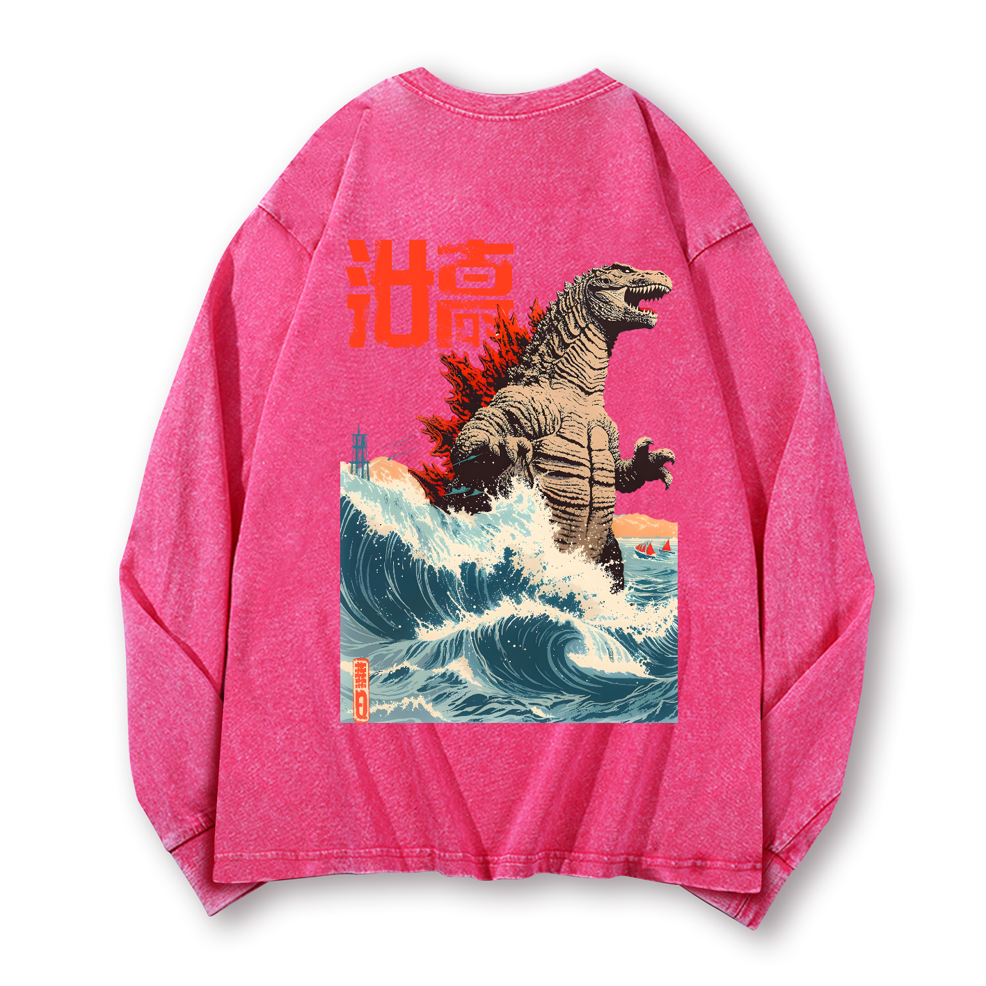 Kaiju Wave Vintage Washed Cotton Back Art Long-sleeve T-shirt