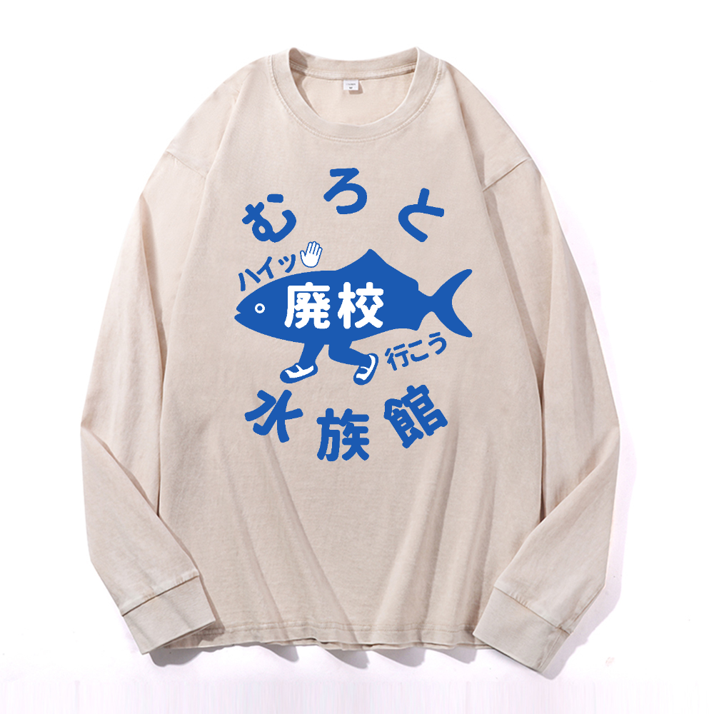 Aquarium Vintage Cotton Wash Crewneck Long-Sleeve T-Shirt