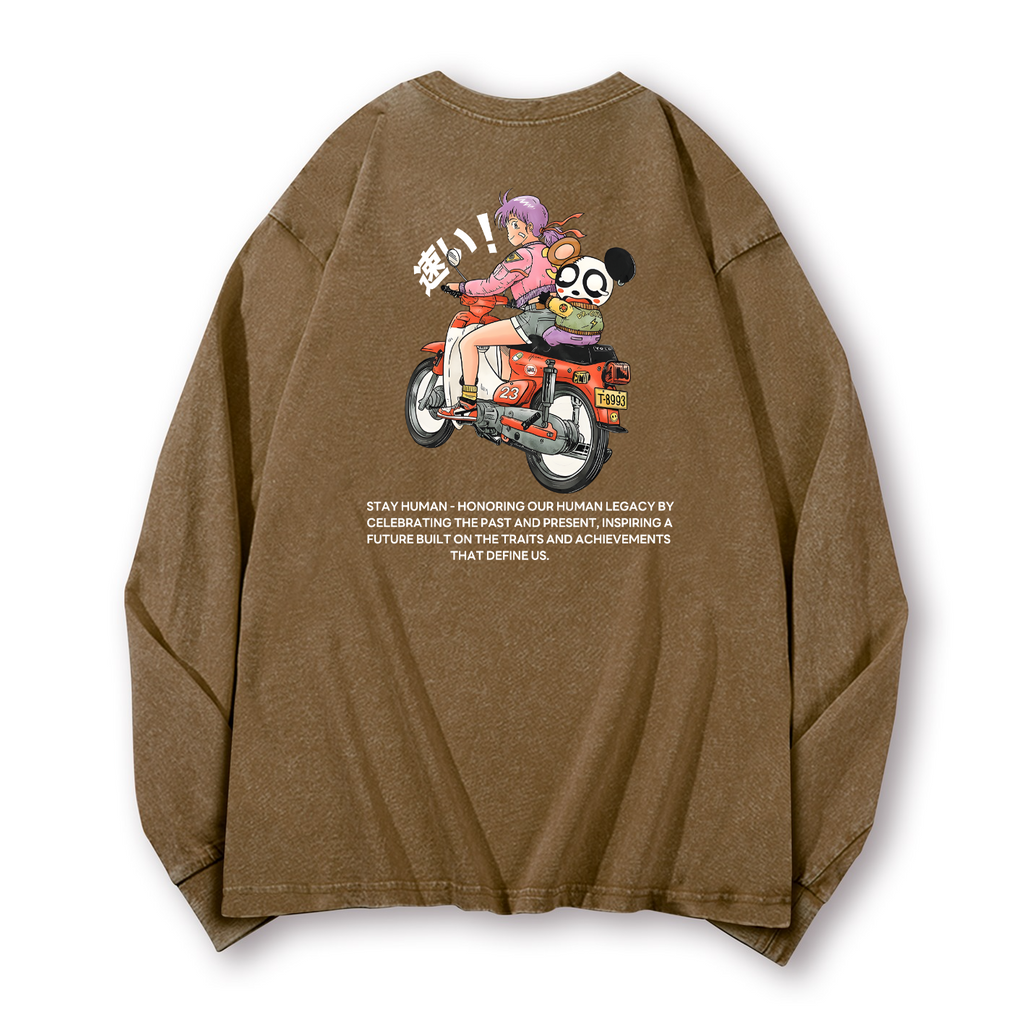 Motorcycle Bike Vintage Washed Cotton Back Art Long-sleeve T-shirt