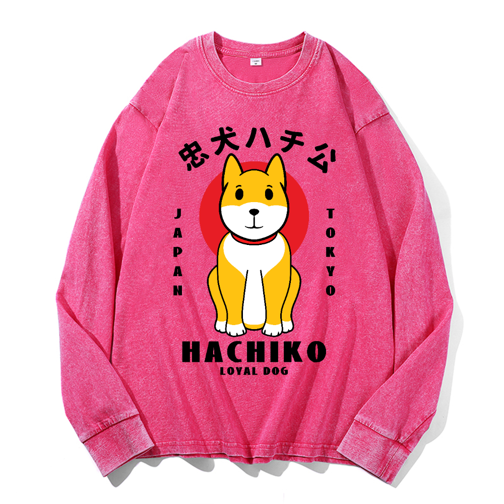 Hachiko Vintage Cotton Wash Crewneck Long-Sleeve T-Shirt