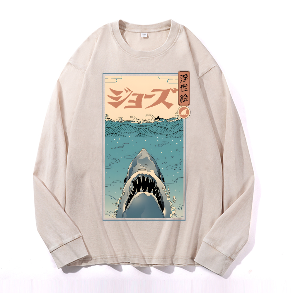 Jaws Vintage Cotton Wash Crewneck Long-Sleeve T-Shirt