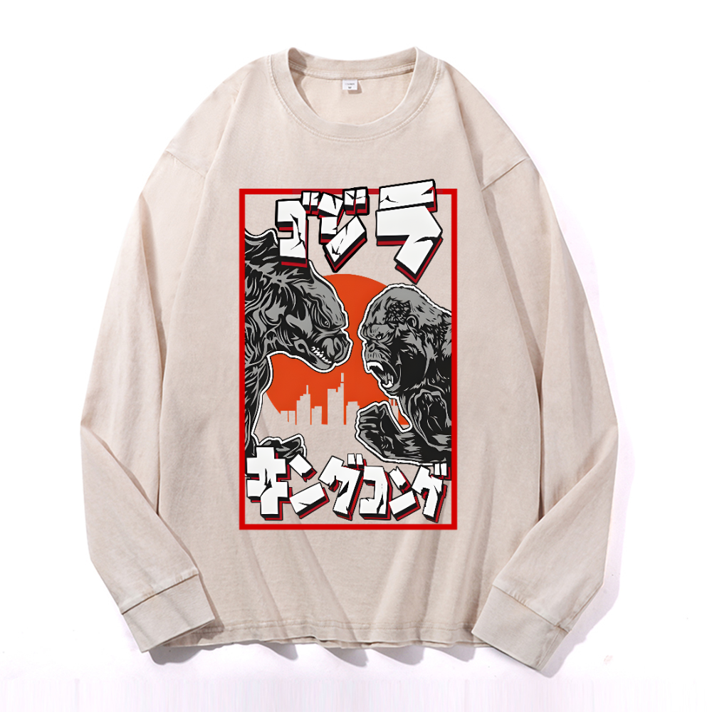Kaiju VS King Kong Vintage Cotton Wash Long-sleeve T-shirt
