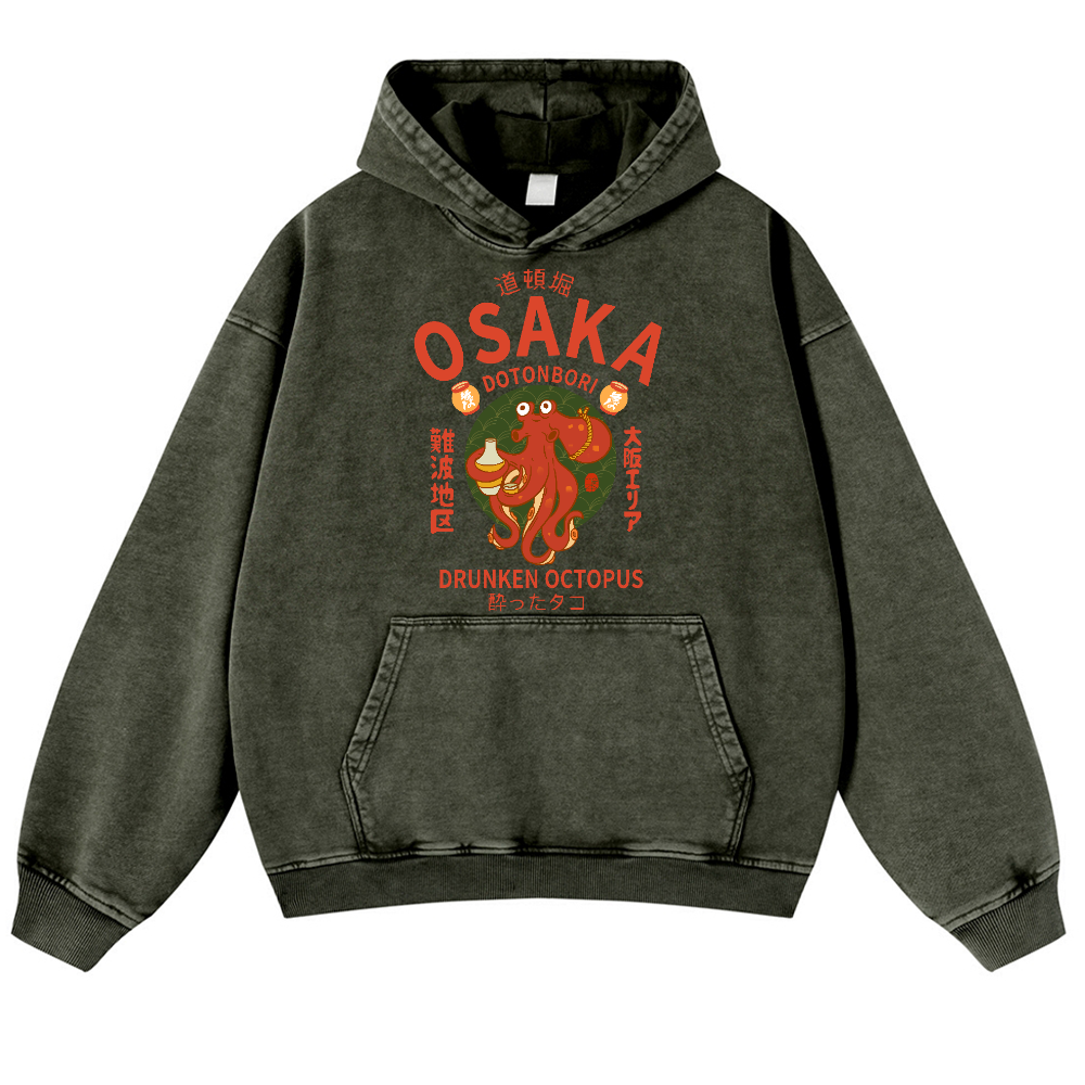 Osaka Dotonbori Drunken Octopus Vintage Washed Thick Cotton Hoodie