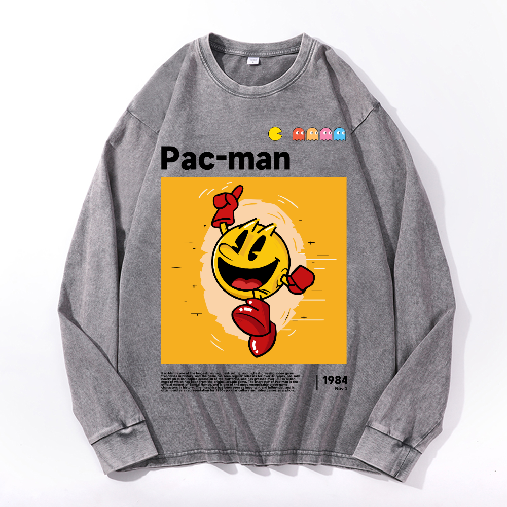 Pacman Vintage Cotton Wash Crewneck Long-Sleeve T-Shirt