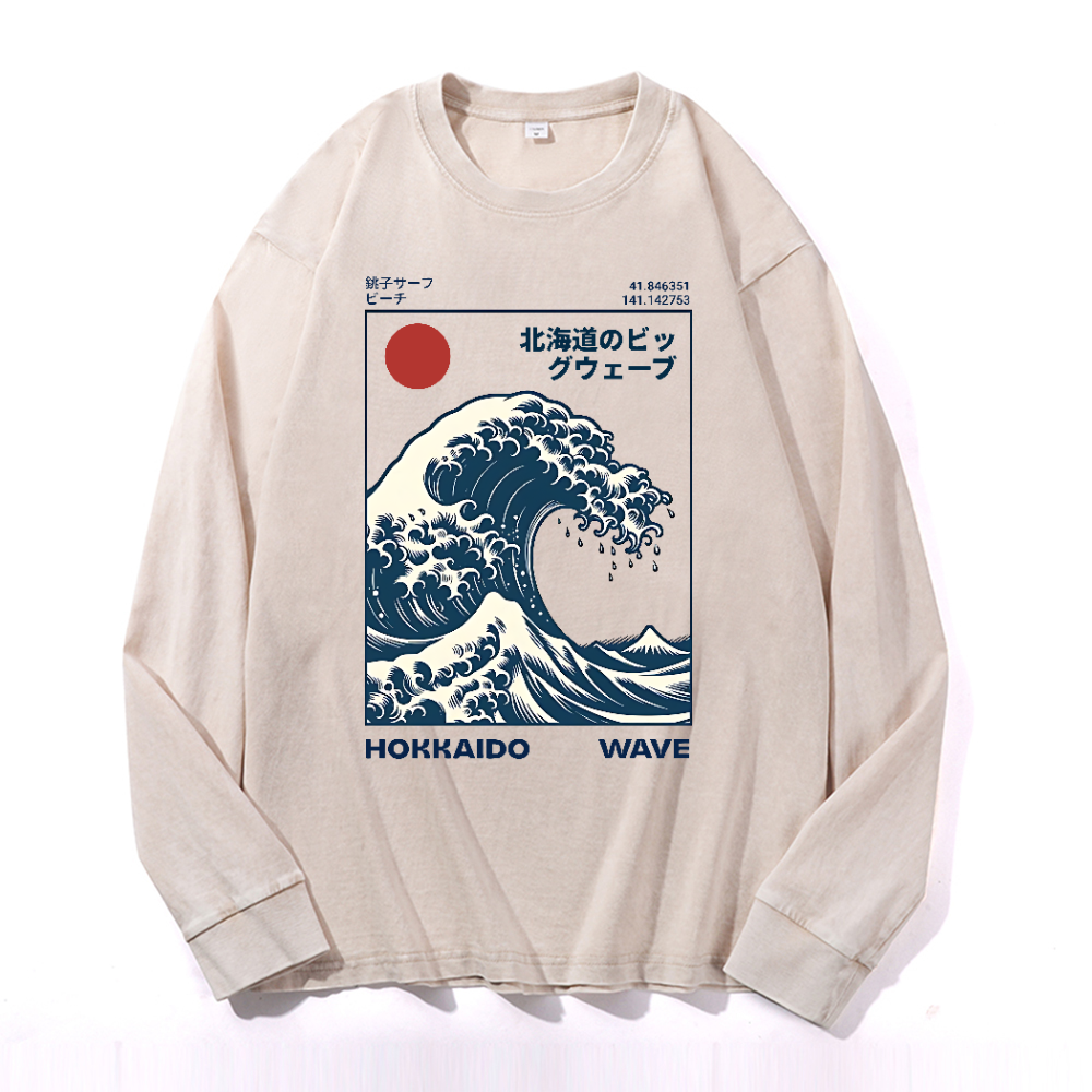Hokkaido Wave Ukiyoe Vintage Cotton Wash Crewneck Long-Sleeve T-Shirt