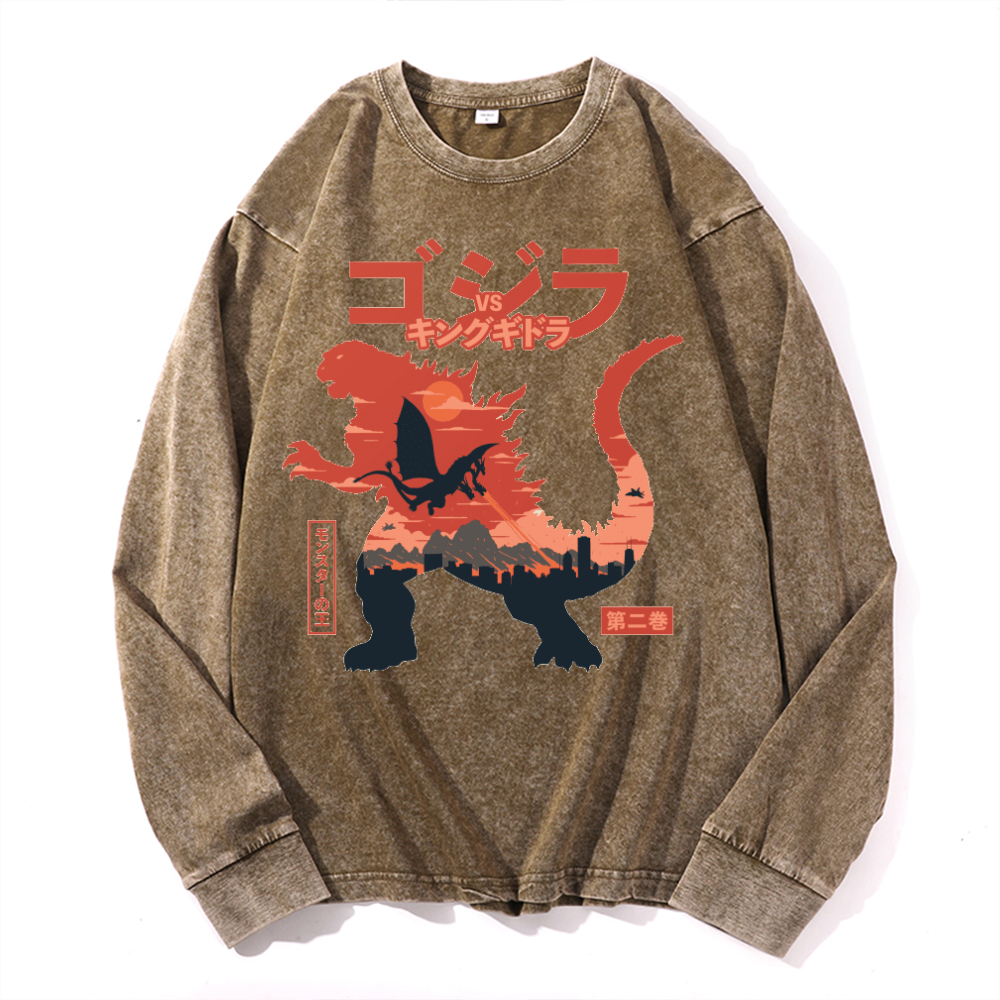 Kaiju vs. King Ghidorah Showdown Vintage Cotton Wash Crewneck Long-Sleeve T-Shirt