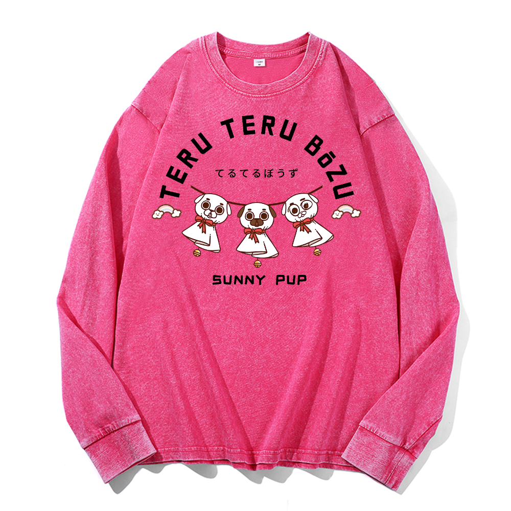 Teru Doll Dog Sunny Pup Vintage Cotton Wash Crewneck Long-Sleeve T-Shirt