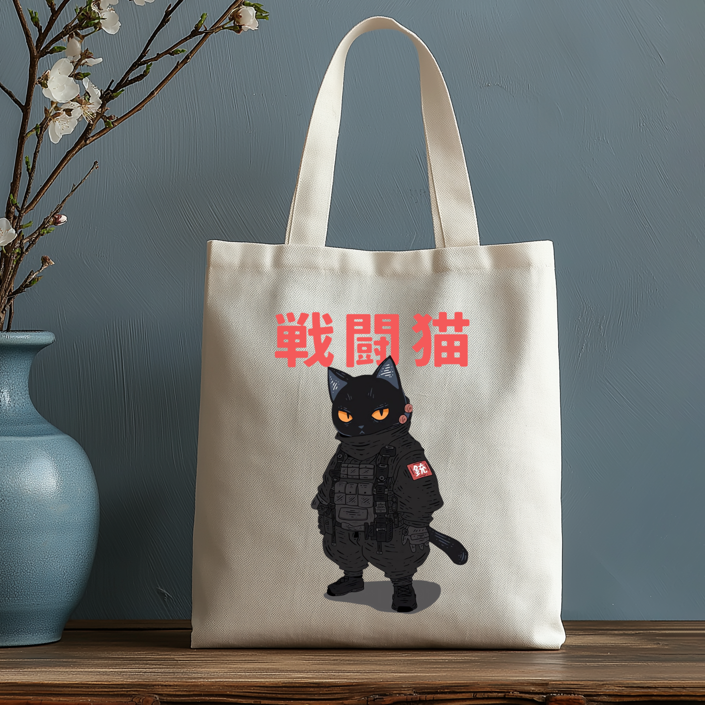 Battle Black Cat Japanese Style Canvas Tote Bag