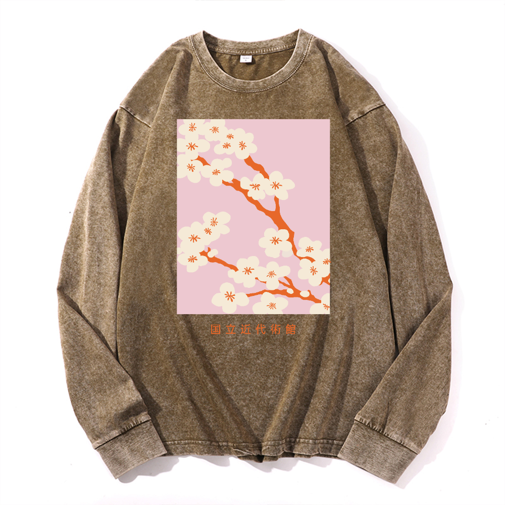 Sakura Vintage Cotton Wash Crewneck Long-Sleeve T-Shirt