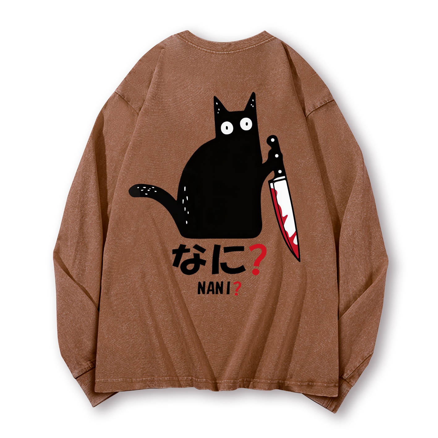 The Black Cat with a Knife Vintage Washed Cotton Back Art Long-sleeve T-shirt