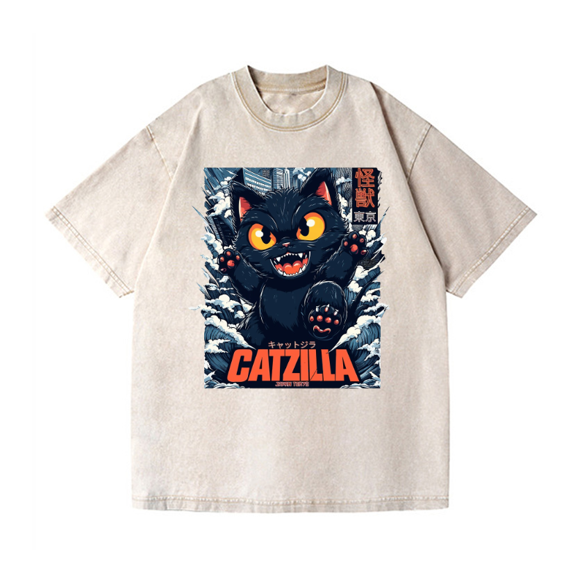 Black Cat Kaiju Catzilla Vintage Wash Japanese Design T-Shirt