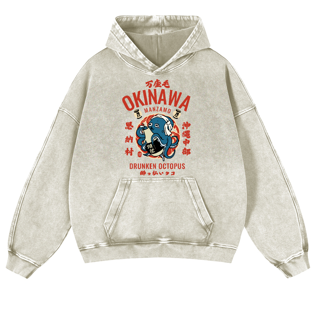 Okinawa Manzamo Drunken Octopus Vintage Washed Thick Cotton Hoodie