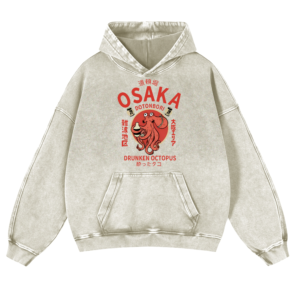 Osaka Dotonbori Drunken Octopus Vintage Washed Thick Cotton Hoodie