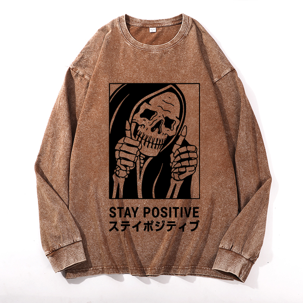 Stay Positive Skull Vintage Cotton Wash Crewneck Sweatshirt