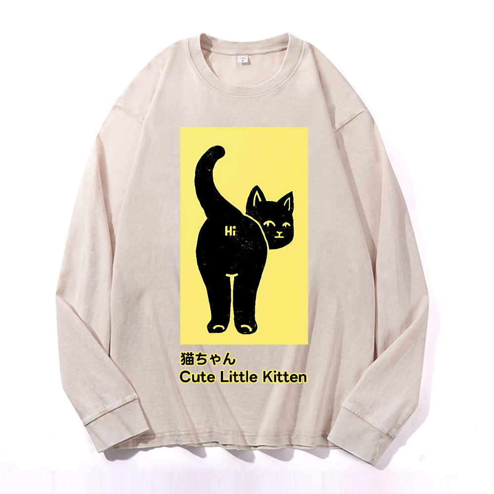 Cute Little Kitten Black Cat Vintage Cotton Wash Crewneck Long-Sleeve T-Shirt