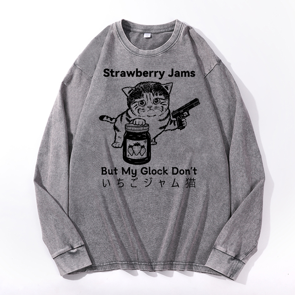 Strawberry Jams Cat Vintage Cotton Wash Long-sleeve T-shirt
