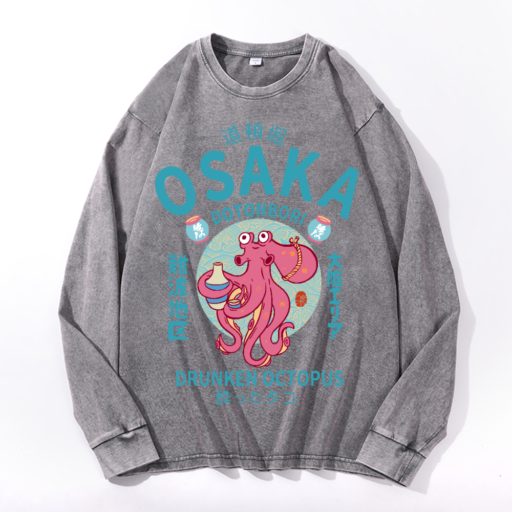 Osaka Dotonbori Drunken Octopus Vintage Cotton Wash Crewneck Long-Sleeve T-Shirt