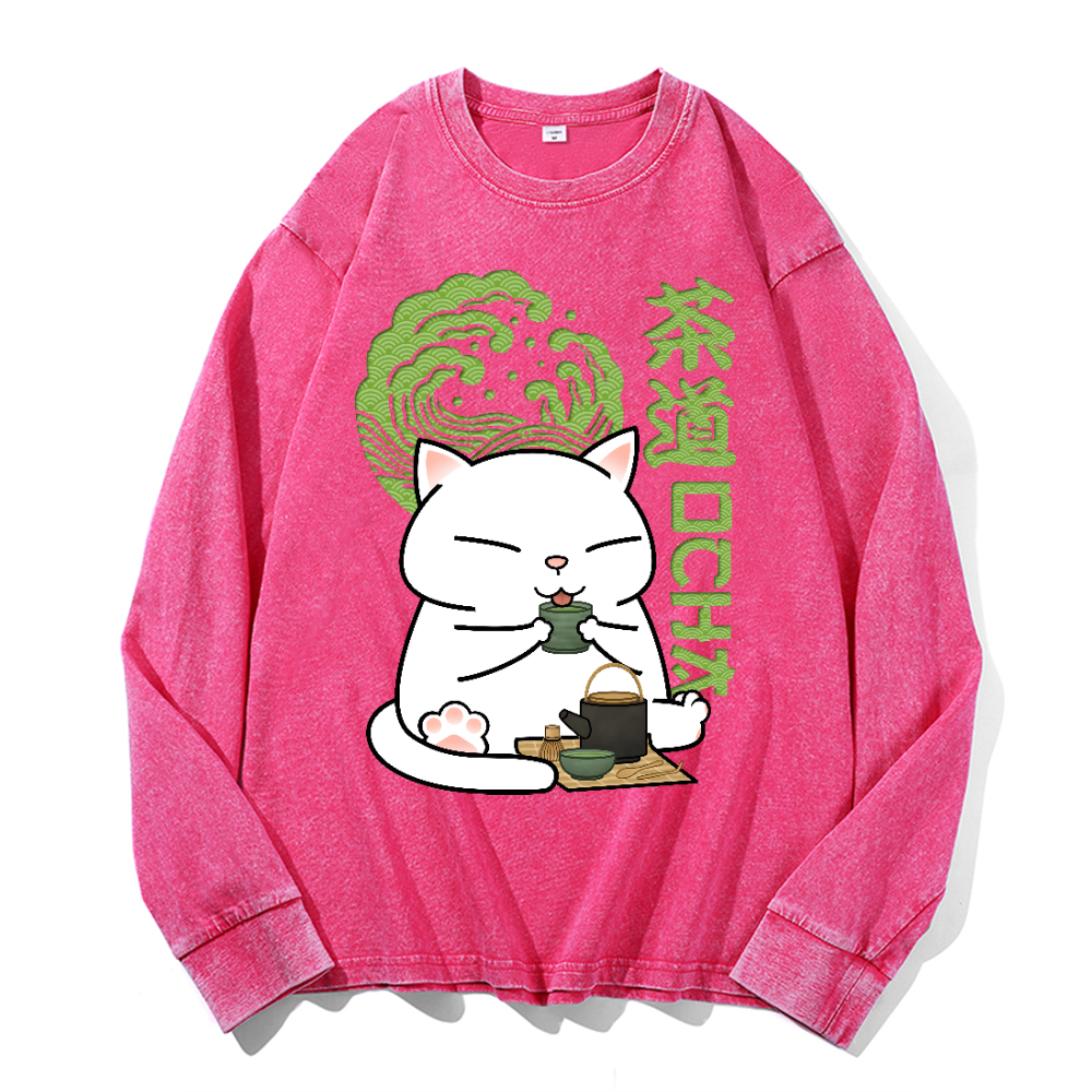 Cat tea Vintage Cotton Wash Crewneck Long-Sleeve T-Shirt