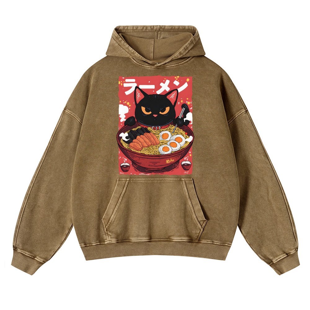 Cat Ramen Vintage Washed Thick Cotton Hoodie