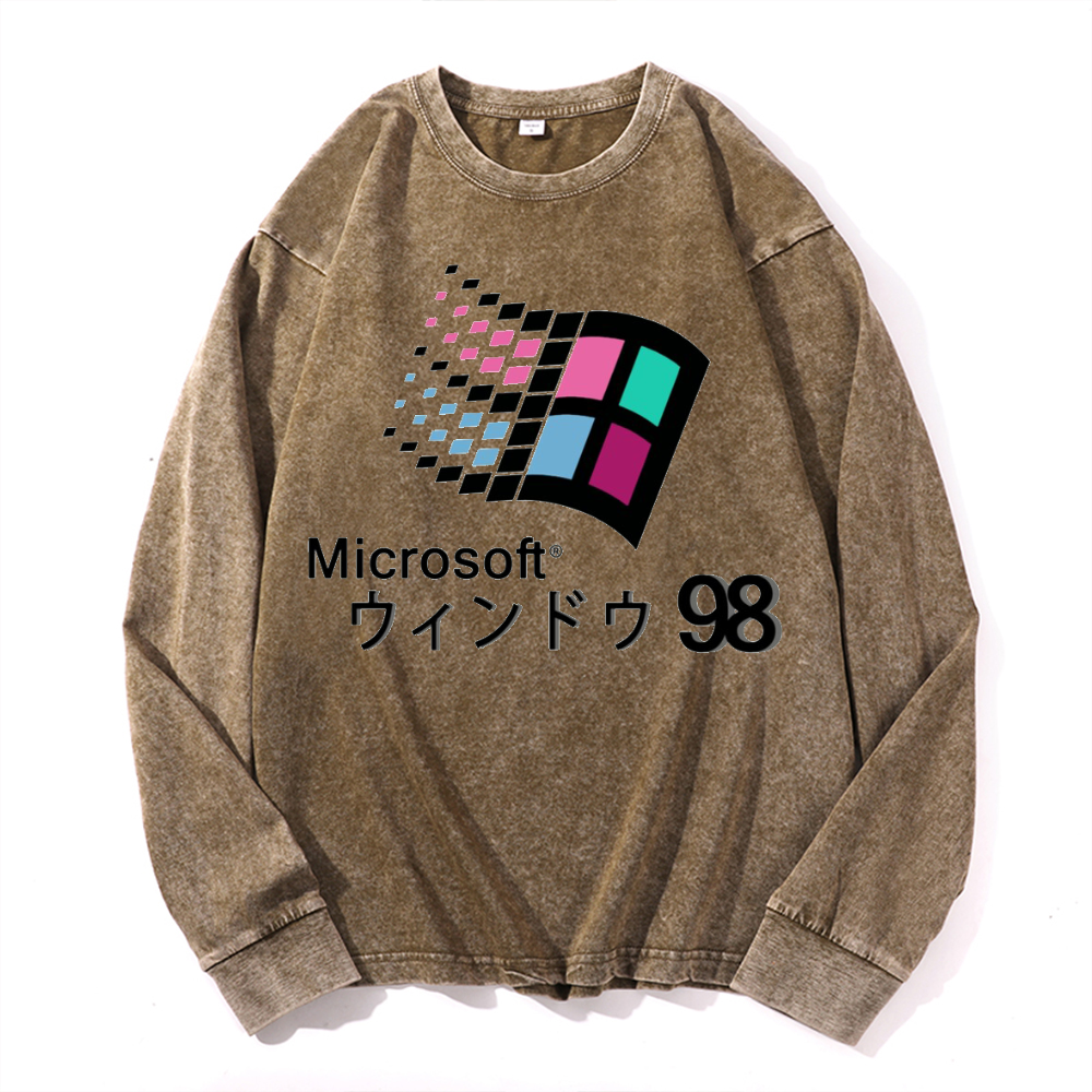 Microsoft Windows 98 Vintage Cotton Wash Crewneck Long-Sleeve T-Shirt