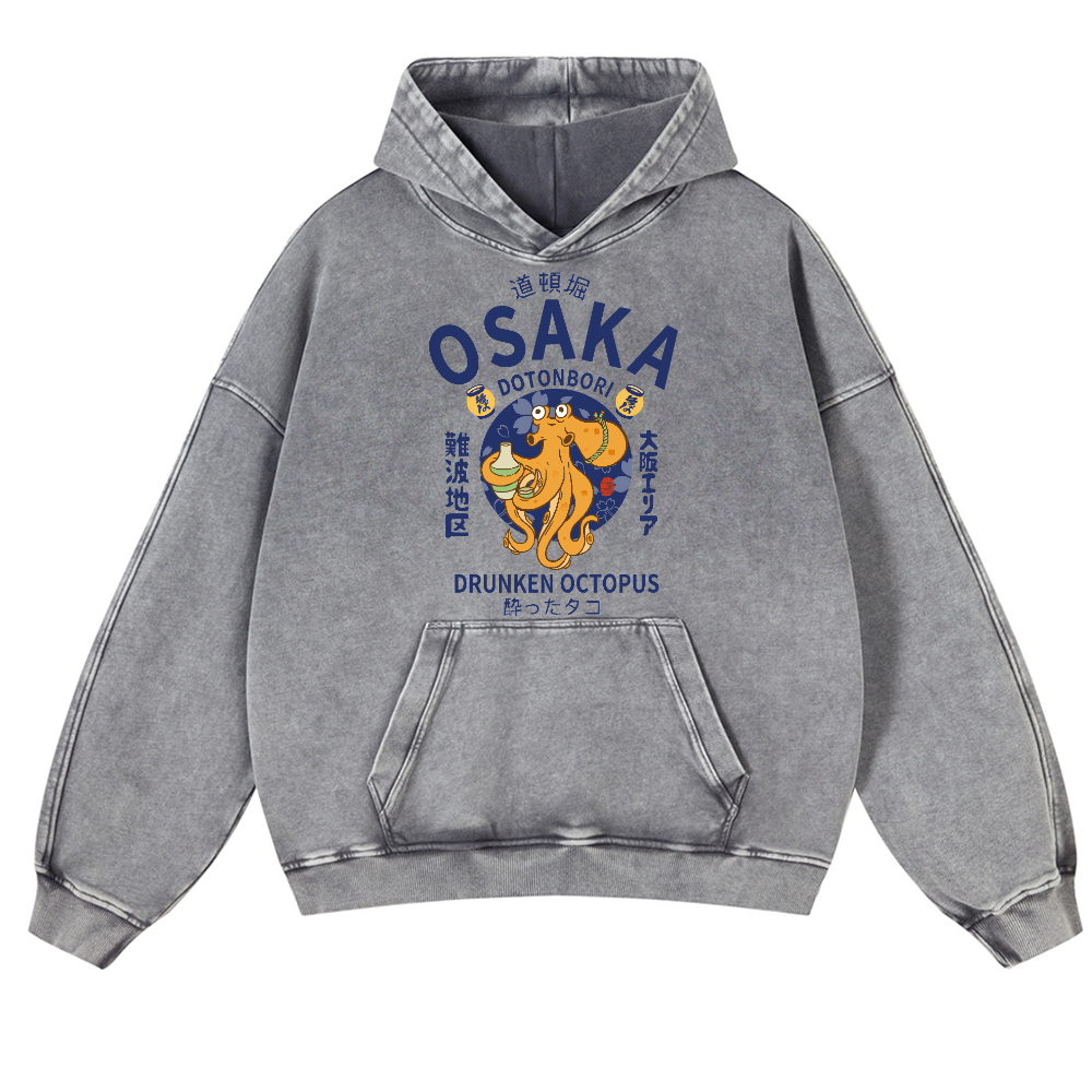 Osaka Dotonbori Drunken Octopus Vintage Washed Thick Cotton Hoodie