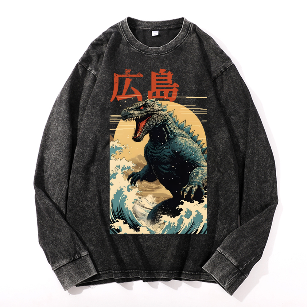 Hiroshima Kaiju Vintage Cotton Wash Crewneck Long-Sleeve T-Shirt