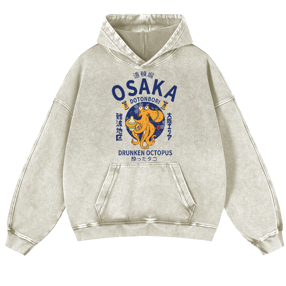 Osaka Dotonbori Drunken Octopus Vintage Washed Thick Cotton Hoodie
