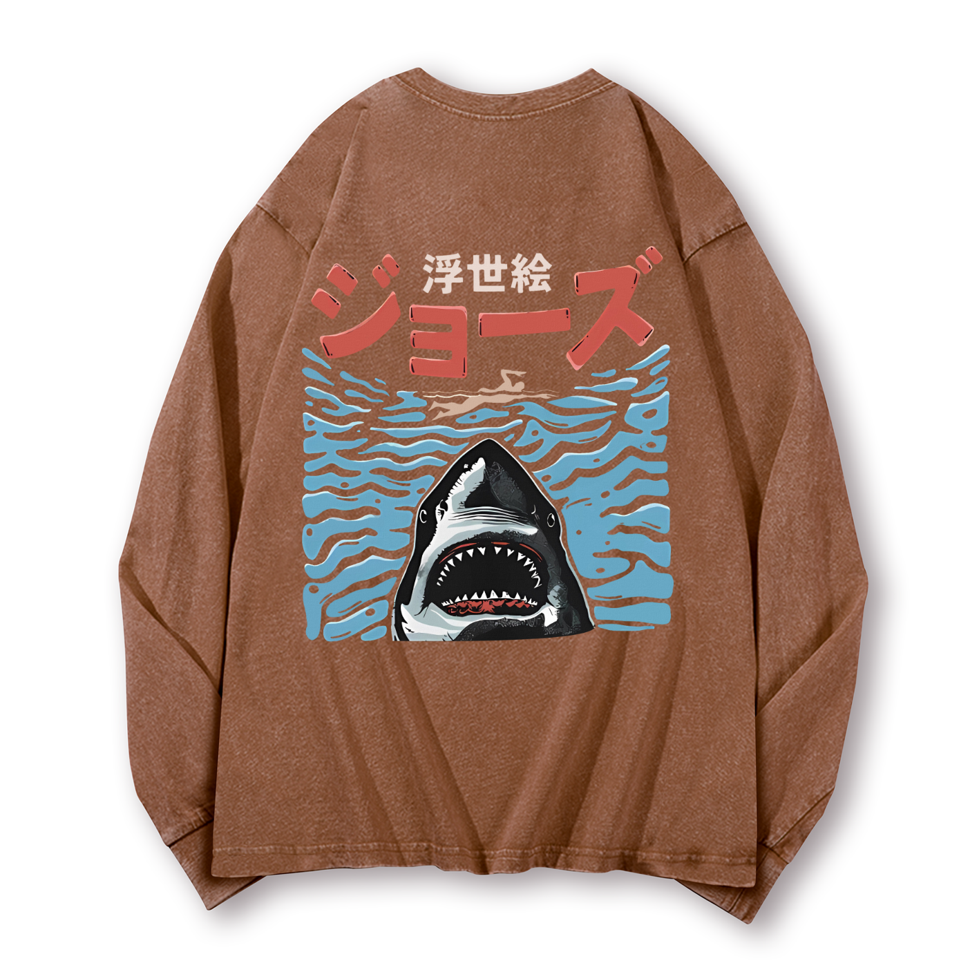 Ukiyoe Jaws Shark Vintage Washed Cotton Back Art Long-sleeve T-shirt