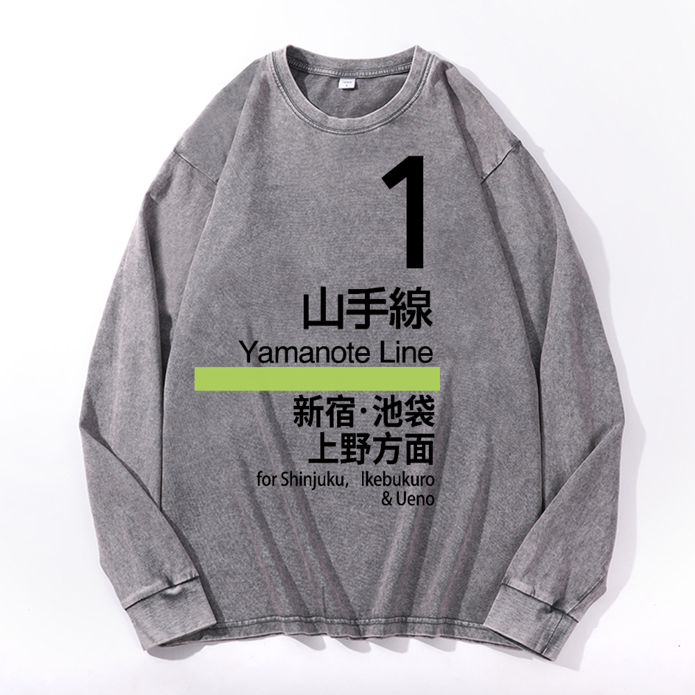 Yamanote Line for Shinjuku & Ikebukuro & Ueno Vintage Cotton Wash Crewneck Long-Sleeve T-Shirt